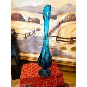 vintage Viking Glass Bluenique Bud Vase Tall Blue Glass Vase Mid Century Modern